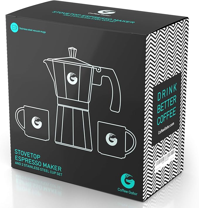 Coffee Gator Moka Pot - 6 Cup, 12oz Stovetop Espresso Maker - Classic Italian and Cuban Coffee Percolator w/ 2 Stainless-Steel Cups – Matte Grey Aluminum, 360ml