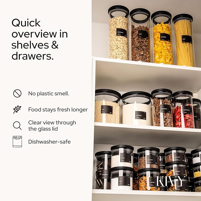 KIVY Airtight Glass Jars with Lids & Labels [4x 17oz] Stackable Glass storage jars with airtight lids - Black Glass Jars with airtight lid - Food Glass canisters with transparent lids