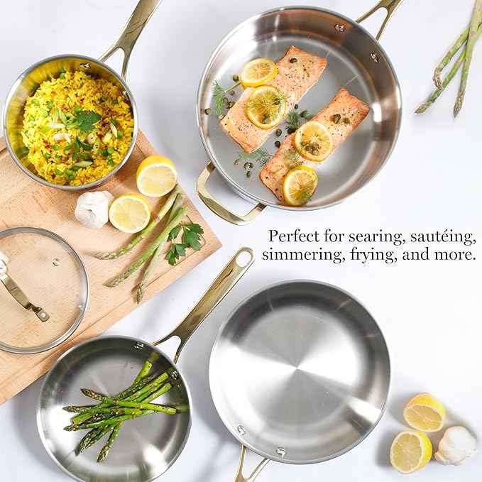 Martha Stewart Castelle 10 Piece 18/8 Durable Stainless Steel Induction Safe Pots and Pans Non-Toxic Kitchen Cookware Set - Gold Handles - Dishwasher Safe