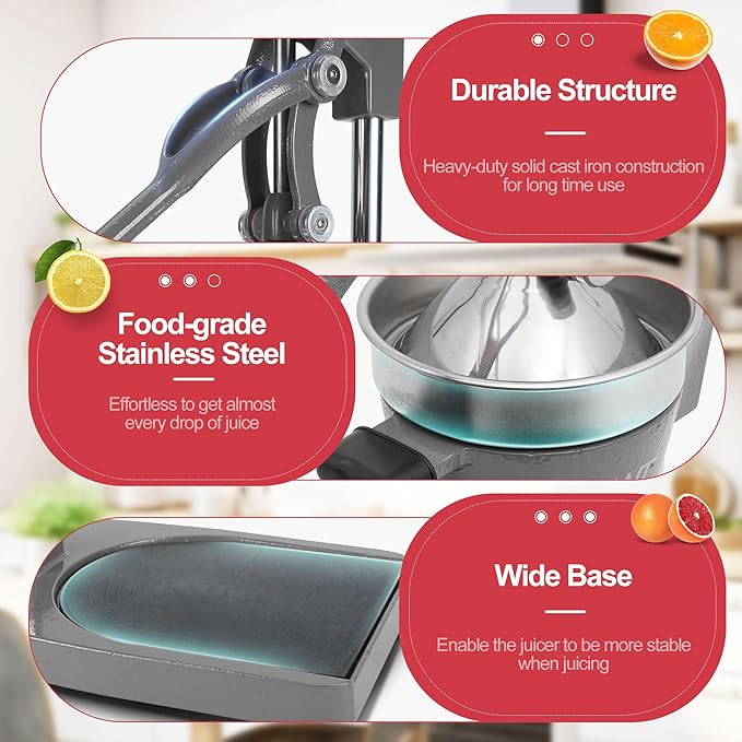 18 Inch Height Commercial Heavy Duty Cast Iron Hand Press Manual Orange Citrus Lemon Lime Grapefruit Pomegranate Fruit Juice Squeezer Machine with Stainless Steel Cup and Durable Base Grey