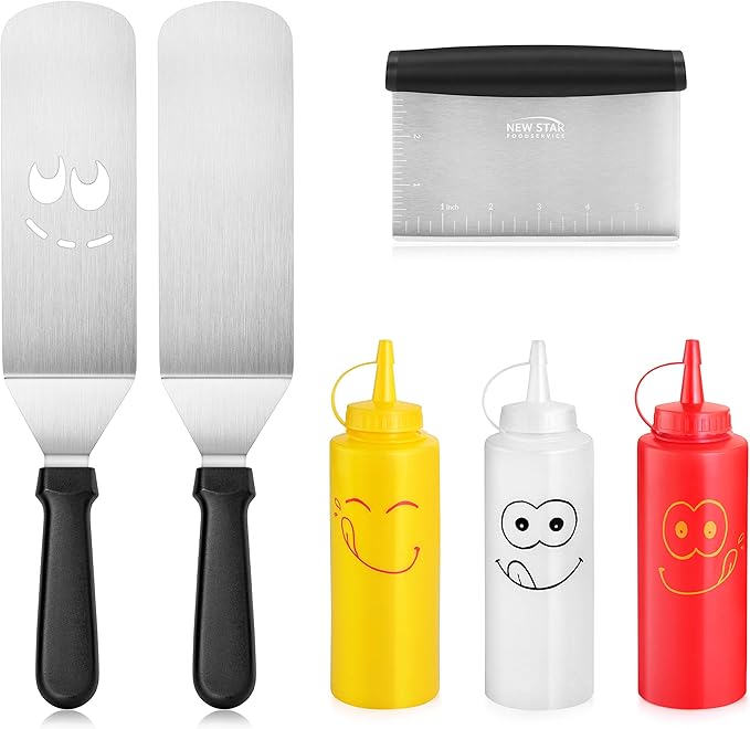 New Star Foodservice 7006865 Stainless Steel BBQ/Griddle Utensils & Accessories Tool Set, 6-Piece Set Includes Spatulas, Dough Scraper with Measurements, & Squeeze Bottle Set