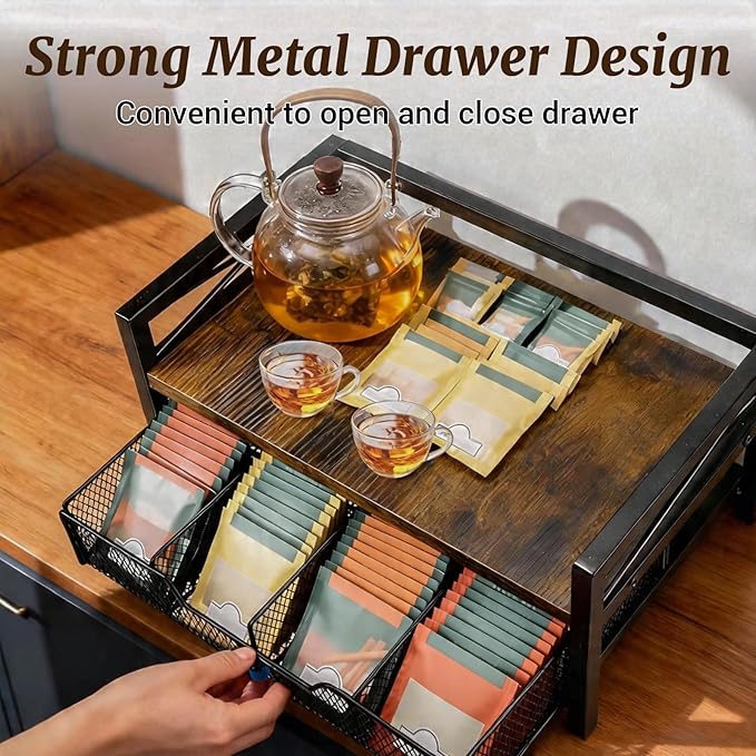 NANXITU Tea Holder Organizer,Wood Tea Box Organizer Storage Box,Tea Caddy for Tea Bags Organizer Drawer,with 8 Compartments Multi-Functional Tea Station Chest for Countertop