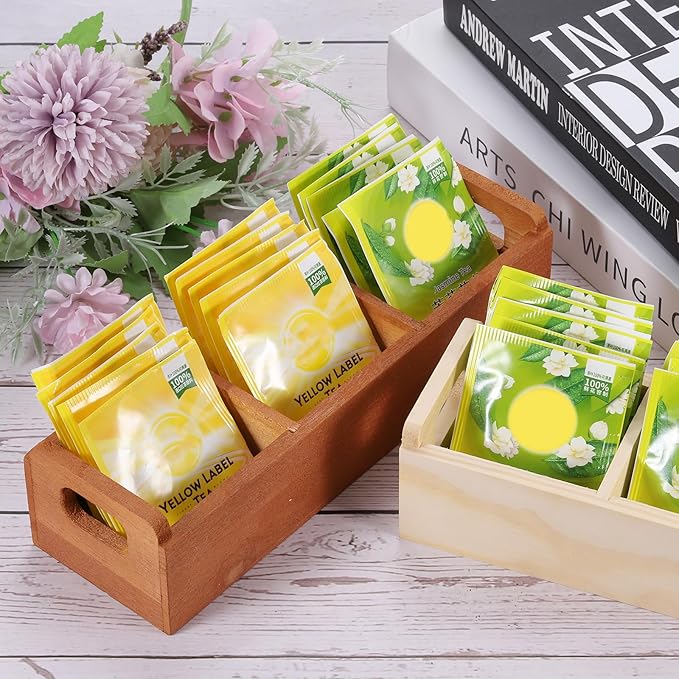 uxcell Tea Bag Organizer, 3 Compartments Pine Wood Tea Box with Handle, Tea Storage Organizer Holder for Tea Bags, Beverage Supplies Sugar Packet, Wood Color