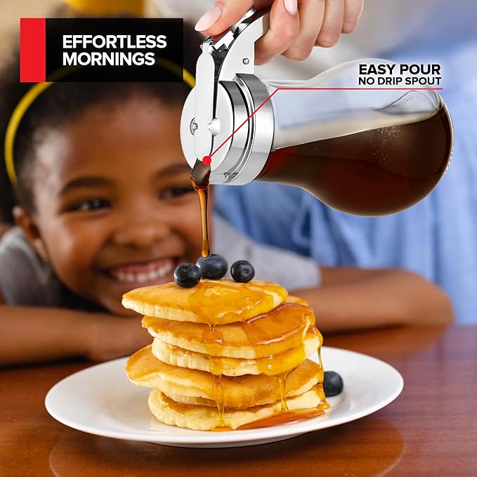 14 oz Glass Syrup Dispenser With No Drip Bottle for Maple Syrup, Honey, Pancake Mix, or Sugar - Dishwasher Safe Container With Metal Easy Pour Lid (414mL)