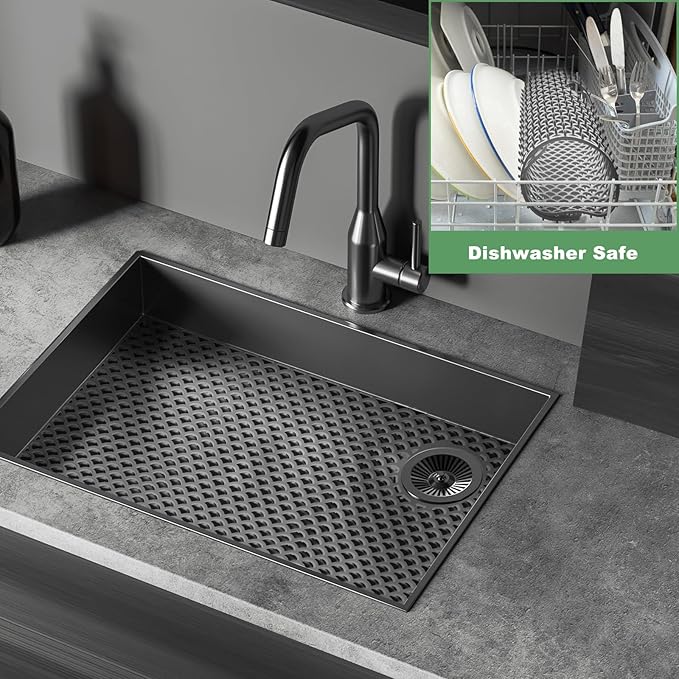 Sink Protectors for Kitchen Sinks - Large 28.4“ x 15” with Right Side Top Hole Heat Resistant Easy to Clean Non-Slip Kitchen Sink Mat for Kitchens Sinks Stainless Steel Bottom (Grey) - 72x38CM
