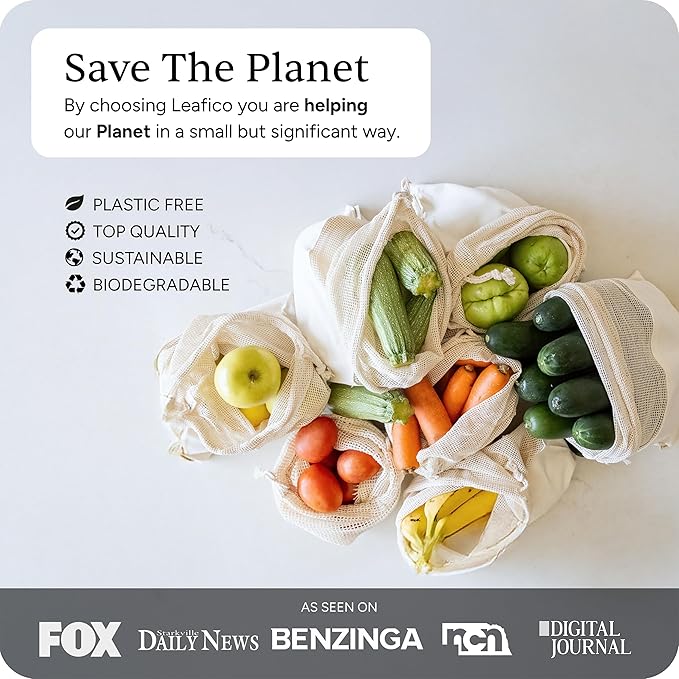LEAFICO Reusable Produce Bags – 100% Cotton Mesh & Solid Hybrid (Mixed Sizes 8 Pcs – S/M/L/XL) – Multi-Use Grocery & Storage Bags for Fruit, Vegetables, Toys, Clothes, Travel – Washable, Zero Waste