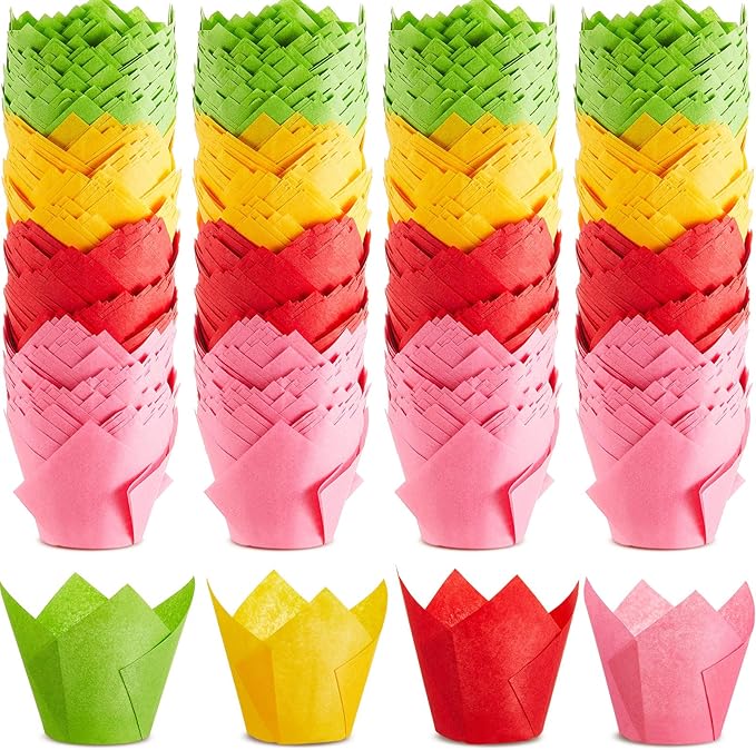 Motiskyy 300 Pcs Jumbo Muffin Liners for Baking 2-1/4" x 4" Large Tulip Cupcake Liners Greaseproof Cupcake Wrapper Paper for Weddings Birthday Christmas Anniversaries Party (Green,Red,Yellow,Pink)