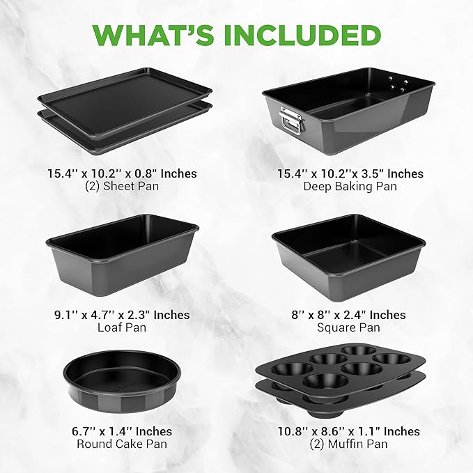 NutriChef 8 Piece Nonstick Bakeware Set | Carbon Steel Baking Pans for Oven | Includes Sheet Pan, Muffin, Loaf, Round and Square Cake Pan | Dishwasher Safe, Stackable Design Oven Safe up to 446°F