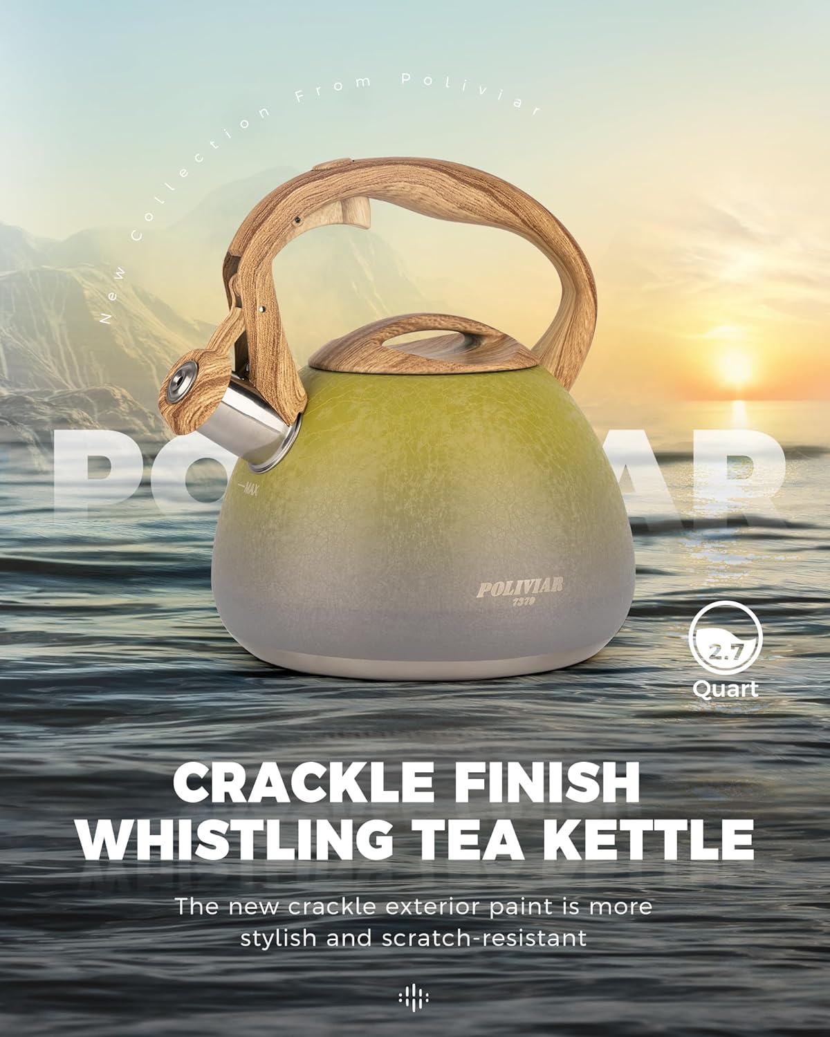 POLIVIAR Tea Kettle, 2.7 Quart Stovetop Tea Kettle, Audible Whistling Teapot with Crackle Finish, Food Grade Stainless Steel for Anti-Rust, Anti Hot Handle, Suitable for All Heat Sources (JX2023-LYG)