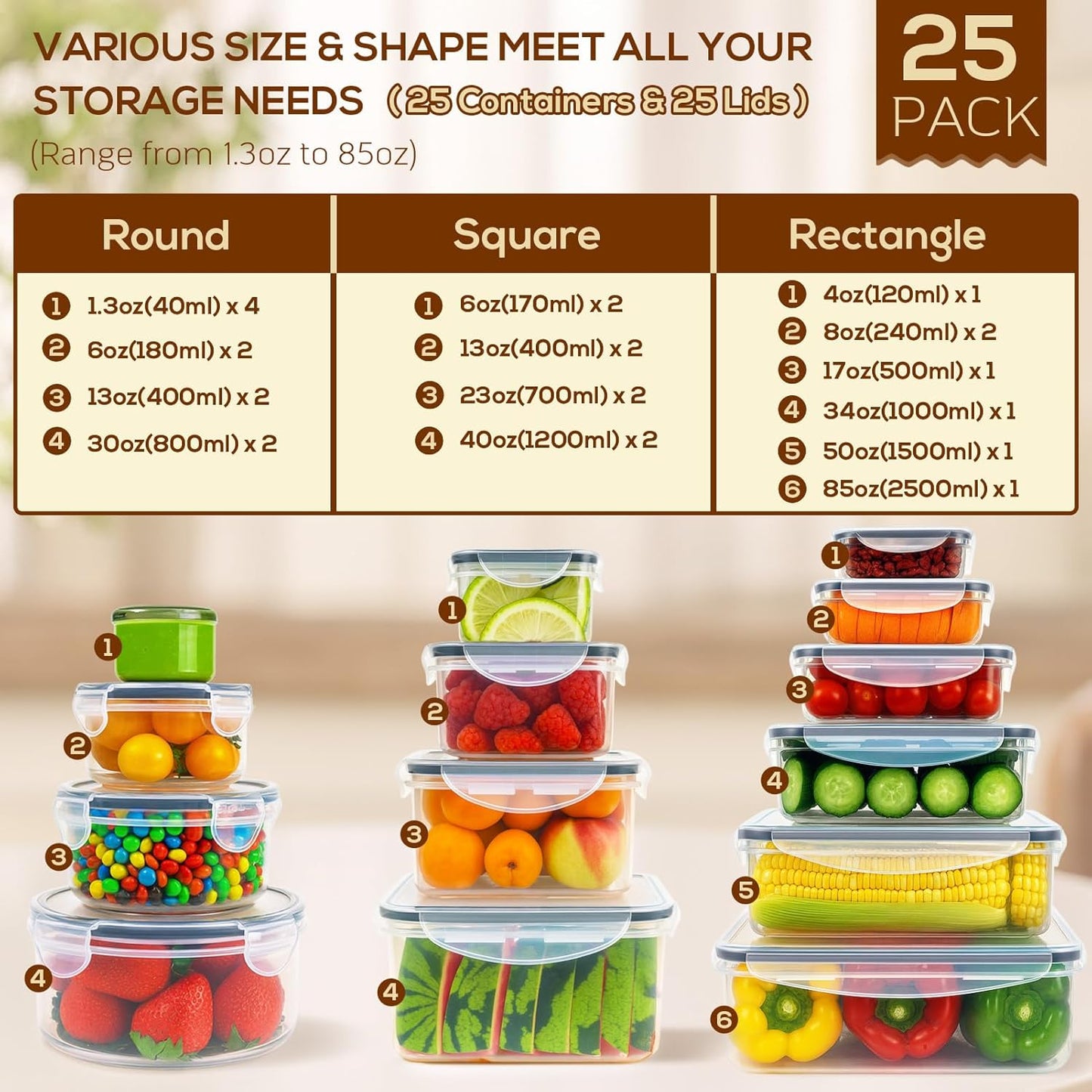 50 PCS Thicker Food Storage Containers with Lids, Clear Stackable Airtight Leakproof Reusable Plastic Meal Prep Container Set for Kitchen Storage/Lunch, Fridge/Microwave Safe with Labels&Pen