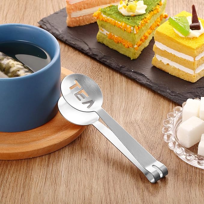 Tea Bag Squeezer Tongs Stainless Steel Spoon for Bags Silver Strainer Clip Tea Squeezer for Loosing Leaf, Gripping Ice Cube, Sugar(4 Pieces)