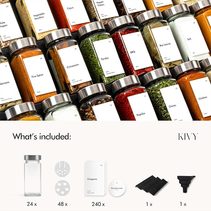 KIVY Drawer Spice Organizer + 24 Jars & 240 Labels - Seasoning Rack for Organization - Kitchen Drawer Insert for Spice Jars - Glass Seasoning Jars with Airtight Lids - Glass Spice Jars with Label