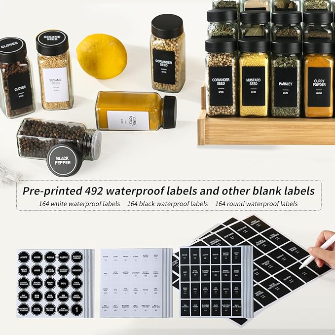 48 Glass Spice Jars with Labels, Spice Jar Set, 4oz Spice Containers, Seasoning Containers with Black Airtight Lids and Shaker Lids, Square Empty Spice Bottles, 492 Labels, 1 Funnel