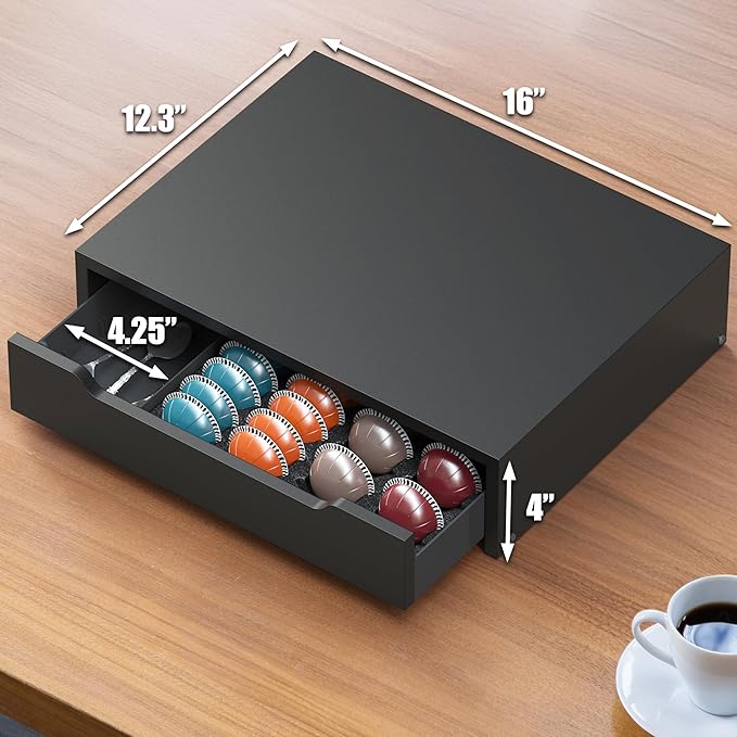 Deco Brothers Vertuoline Pod Holder Drawer with Adjustable Divider, Compatible with Nespresso 40 Small or 20 Large Capsules Coffee Bar Station, Wood Top Stand with Side Storage for Accessories, Black