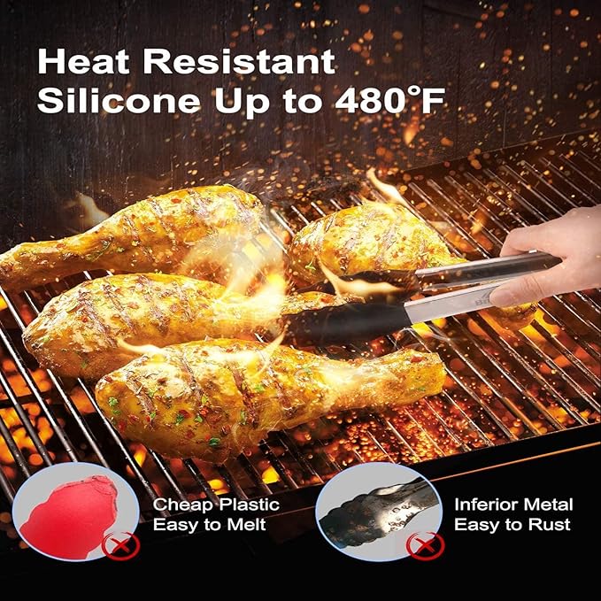 2-Pack of 9" (Small) & 12" (Large) Kitchen Tongs Set: Non-Stick Silicone-Stainless Steel Cooking Tongs, BPA Free, Heat Resistant (480°F) - Non-Slip Grip & Locking Metal Food Tongs (Red)