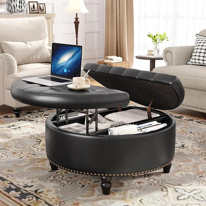 30 Inch Large Round Ottoman with Storage, Modern Leather Ottoman Coffee Table with Lift Top, Upholstered Button Tufted Footrest Stool Toy Blanket Storage for Living Room, Black