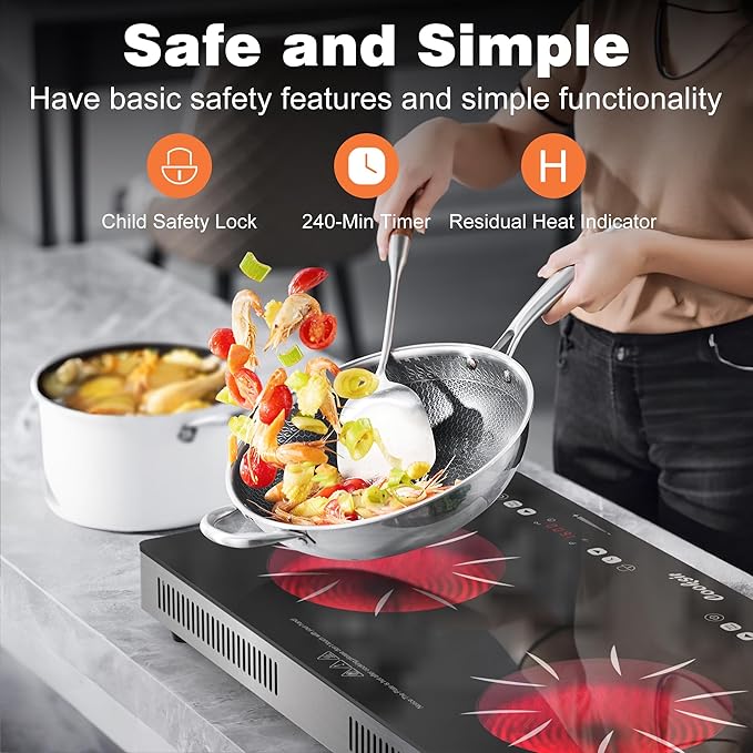 2 Burner Electric Cooktop - 24 Inch(22.2"x 13.1") Portable Electric Stove Top 110V, 2000W Countertop Two Burner Stove, Child Lock, Timer, Touch and Knob Control, 110V Plug in