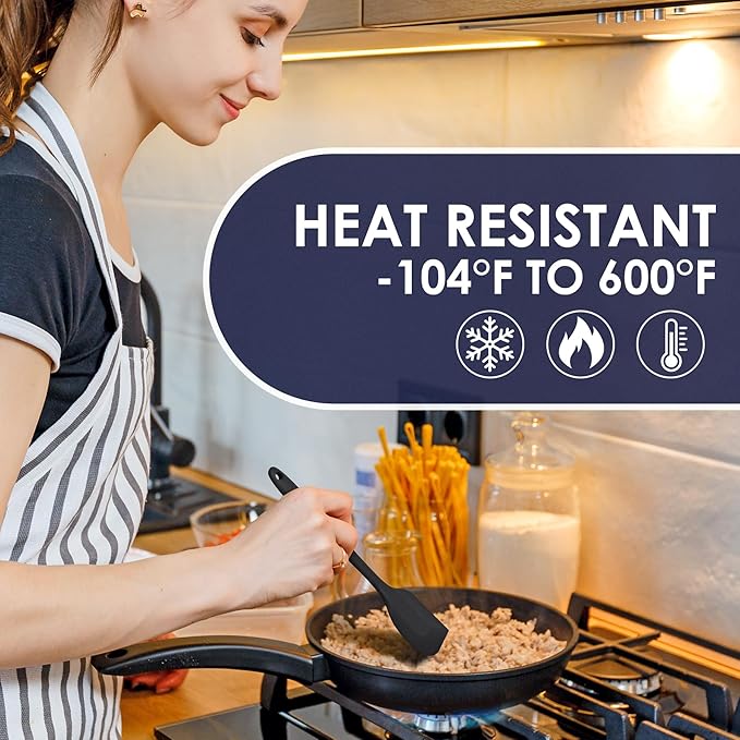 Heat Resistant 600℉ Silicone Spatula, BPA Free Mixing Spatulas set Dishwasher Safe for Nonstick Cookware, Black