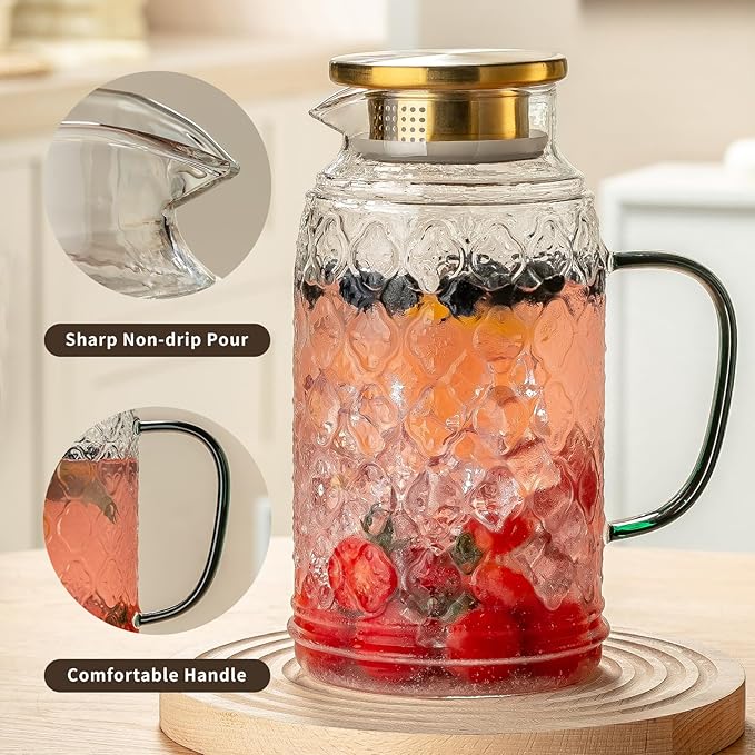 Buaic Glass Pitcher with Lid, 68 oz/2 Liter Vintage Water Pitcher, Clear Borosilicate Glass Water Carafe for Cold Brew, Coffee, Lemonade, Iced Tea, Juice, Beverage, Heat Resistant Water Glass Jug