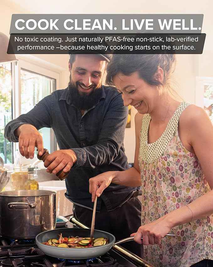 Nuwave Healthy G11-Pots and Pans Set Non Stick, 9H Near-Diamond Hardness Scratch-Resistant, Works on All Stovetops, PFAS Free, with Frying Pans, Saucepans & Glass Lids, Stay-Cool Handles, Cool Gray