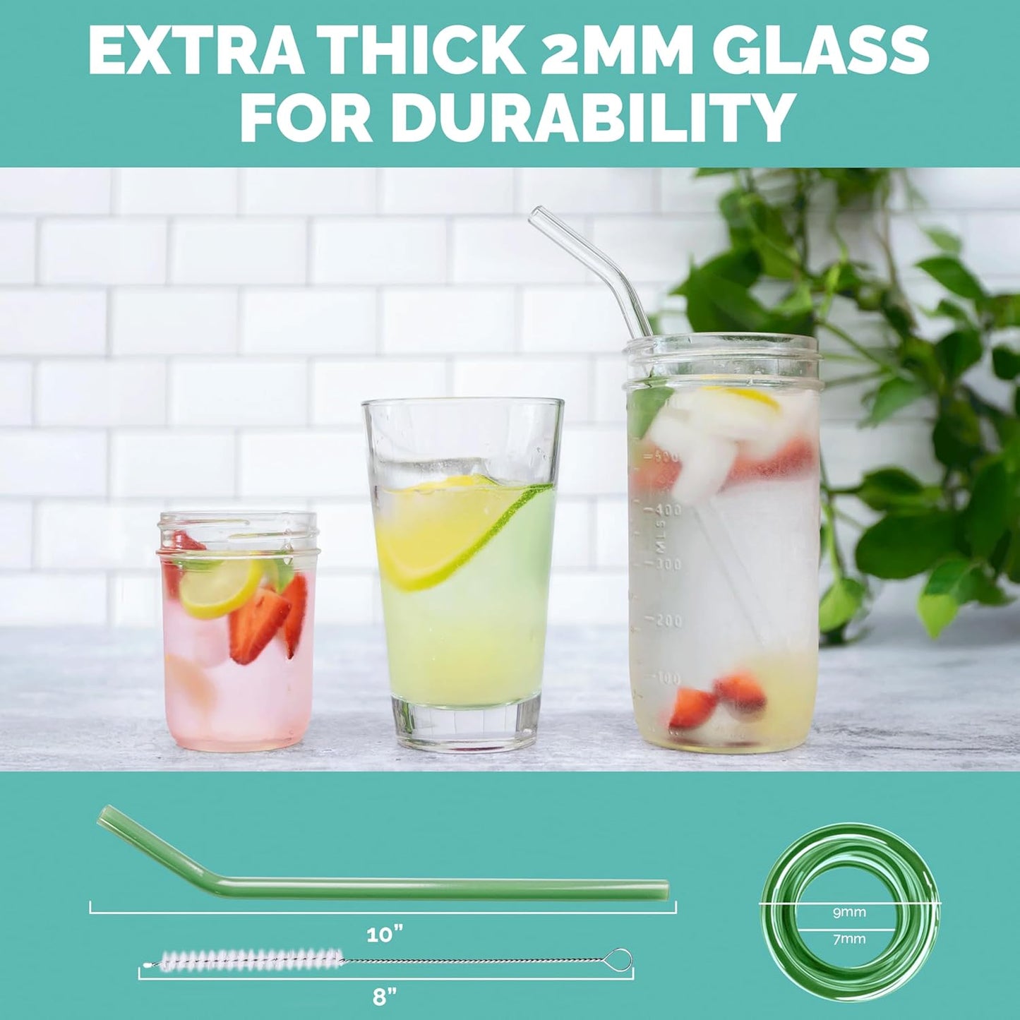 Simply Straws 10 Inch Glass Straws Bent (6-Pack) – Reusable Glass Straws for 24 Oz Mason Jars & Tumblers, with Cleaning Brush – Durable, Dishwasher Safe, Hot & Cold Use, BPA-Free (Fjord Mist)