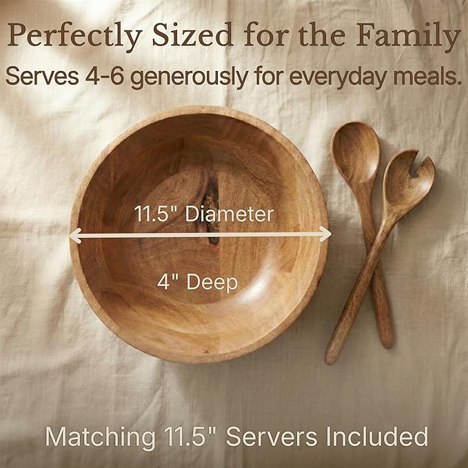 Large Wooden Salad Bowl 11.5 Inches with Serving Utensils, Wooden Fruit Bowl, Mango Wood Bowl Set for Serving, Large Wood Salad Bowl for Family Meals, Pasta, Popcorn, Handcrafted Wooden Serving Bowl