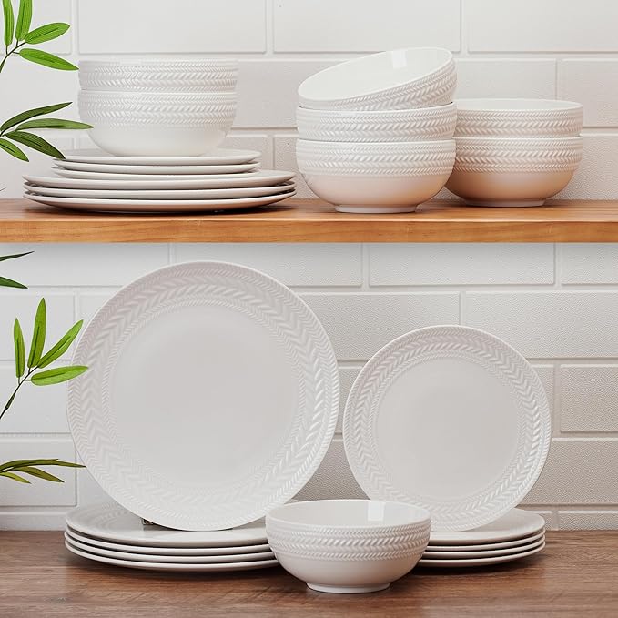 Pfaltzgraff Josephine 24-Piece Dinnerware Set, Porcelain Dish Set with Embossed Basket Weave Design, Service for 8, White Plates and Bowls Sets, Microwave and Dishwasher Safe