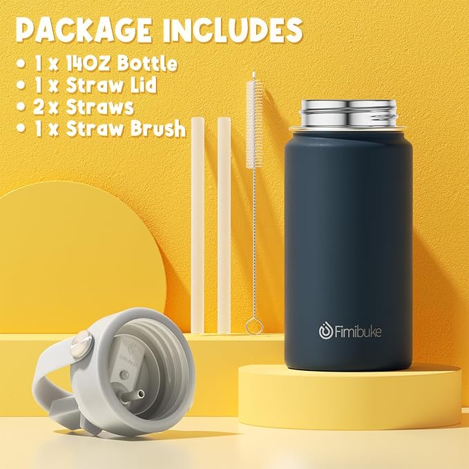 Fimibuke Kids Insulated Water Bottle, 14oz BPA FREE 18/8 Stainless Steel Travel Tumbler Double Wall Vacuum Leak Proof Kids Cup with Straw Metal Water Bottle for School Boys Girls(1 Pack, Pool)