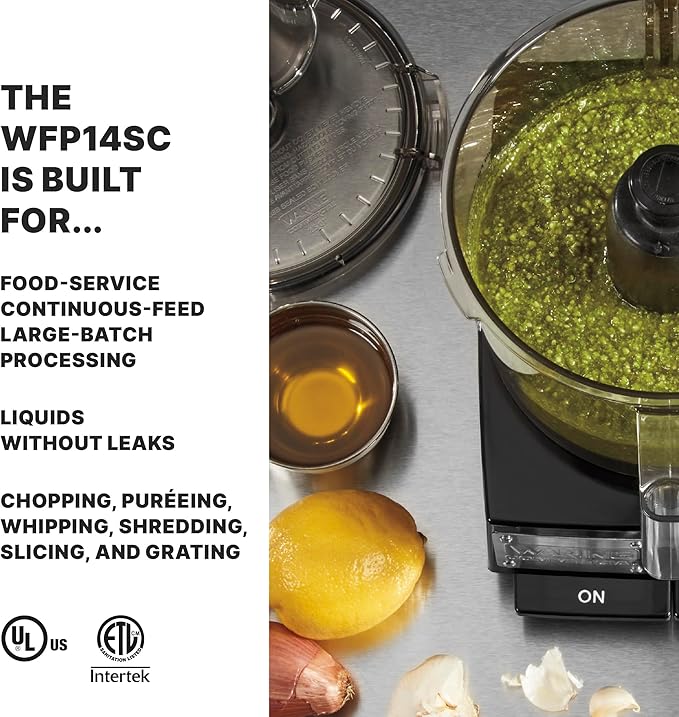 Waring Commercial WFP14SC 3.5 Quart Continuous Feed Food Processor, 1 HP Motor, Extra Large Feed Tube, Patented LiquiLock Seal Bowl System, Includes 3.5 Quart Clear Cutter/Mixer Bowl, Grating, Shredding, Slicing, Whipping Disc and a Standard S blade fo...