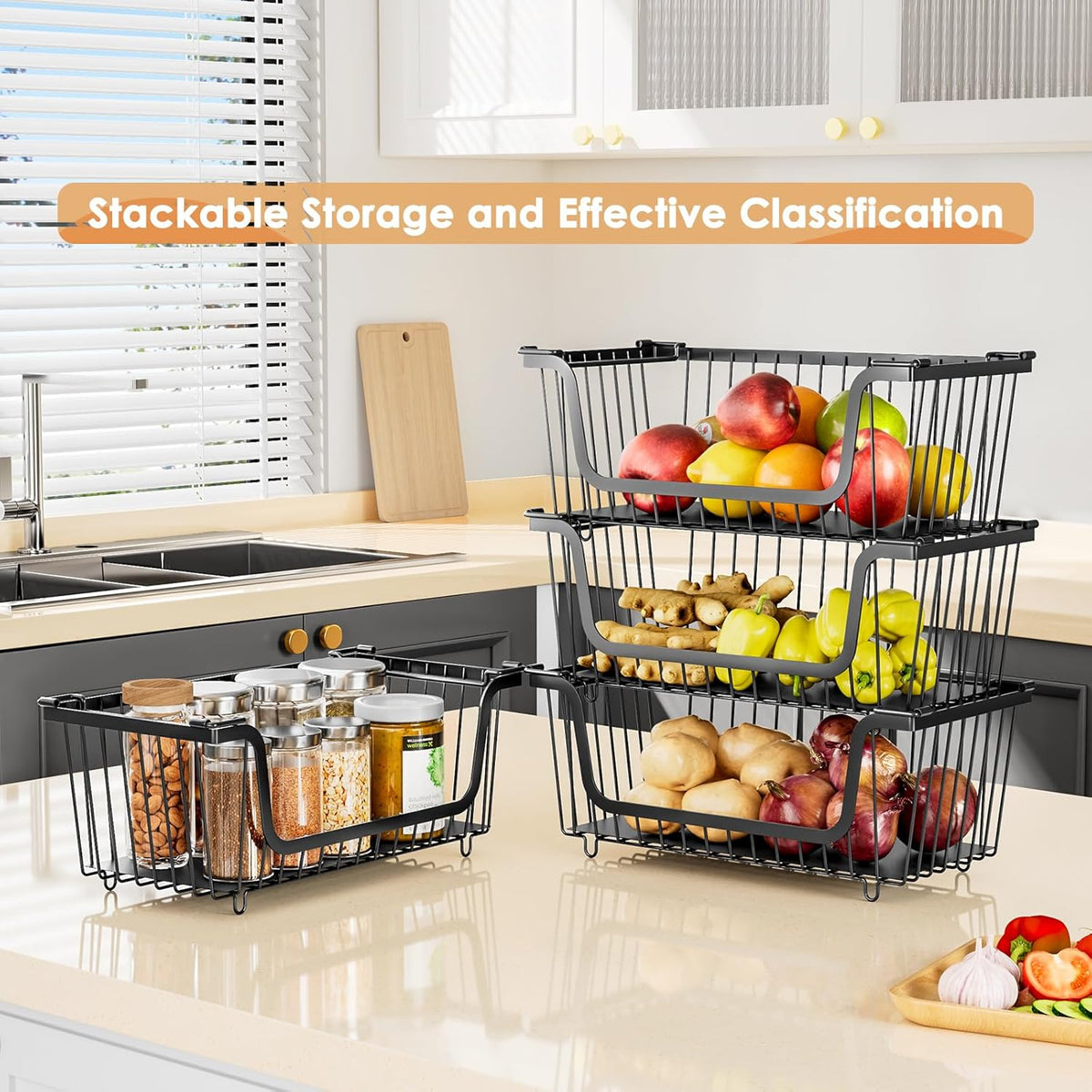 4 Pcs Stackable Wire Baskets for Pantry Organizers and Storage,Kitchen Storage Metal Baskets,Produce Potato Onion Storage Bin,Vegetable Fruit Basket for Countertop,Black
