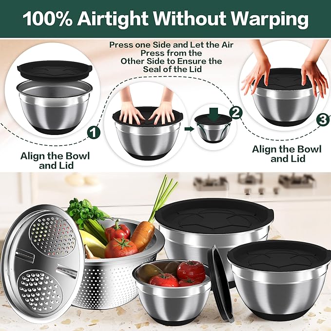 Nicdiet Mixing Bowls with Airtight Lids, Stainless Steel Mixing Bowl Set with 3 Metal Nesting Bowls, Colander & Grater, Non-Slip Bottoms, Size 1.5, 2.5, 5 QT, Great for Mixing & Serving, Black