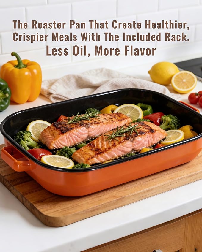Roasting Pan for Oven with Rack 6-Piece Rectangular Lasagna Baking Dish Set 14&17 Inch, High Temperature Resistance Oven Dishwasher Safe Non-Stick Turkey Ham Roaster Gift for Mom Enamel Bakeware