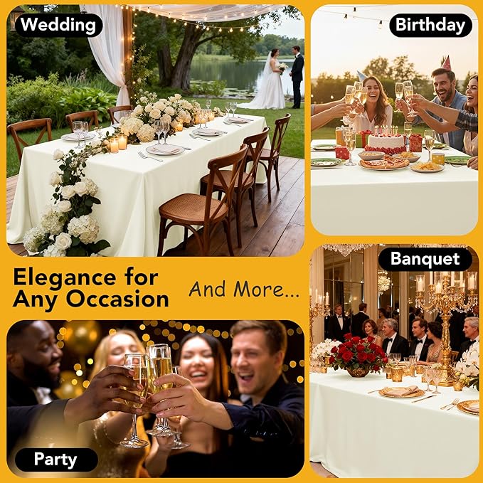 10-Pack Ivory Tablecloths for Rectangle Tables, 70 x 108 Inches, Stain-Resistant Polyester Fabric for 6 Foot Tables - Washable Table Covers for Weddings, Banquets, Birthday Parties, Events
