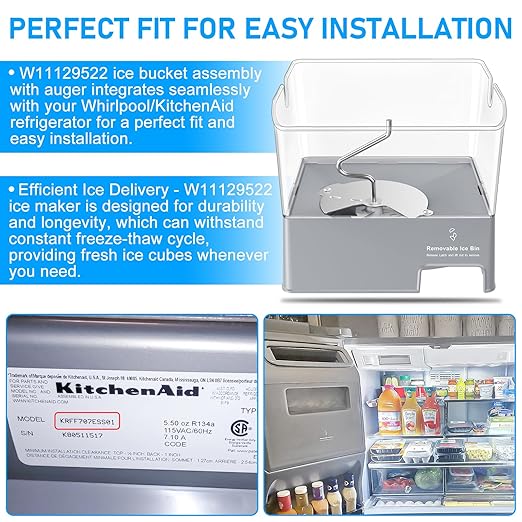 Upgraded W11129522 Refrigerator Ice Bucket Compatible with KitchenAid Ice Maker Replacement W10564750 Whirlpool Removable Ice Bin KRFF707ESS01 KRMF706ESS01 Kitchenaid Ice Bucket Ice Container Ice Tray