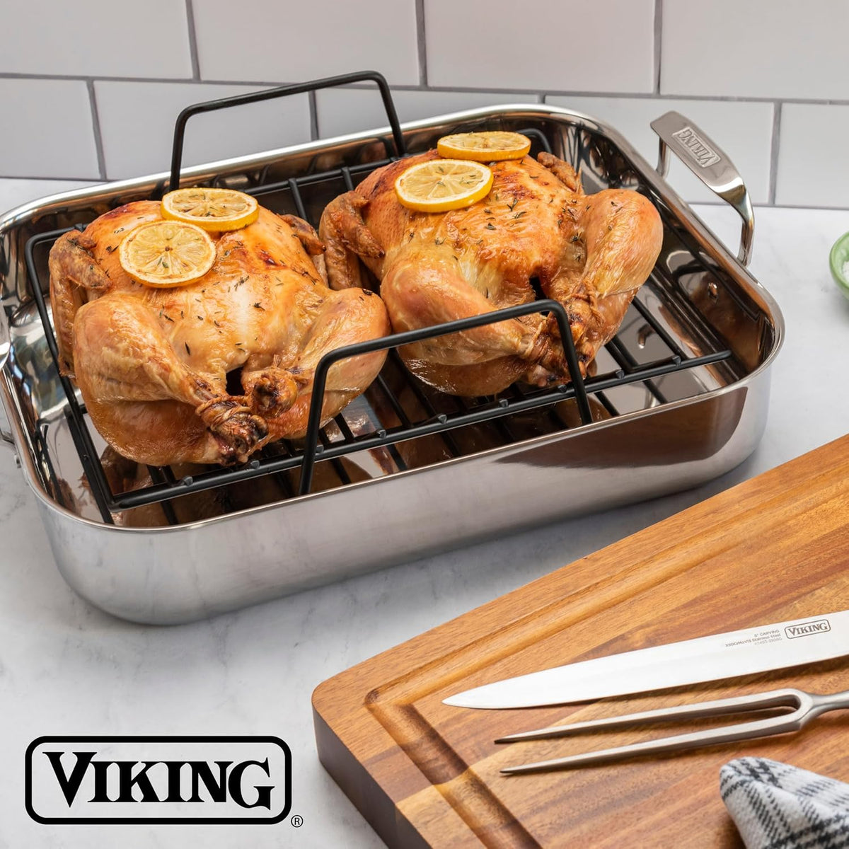 Viking 3-Ply Stainless Steel Roasting Pan with Nonstick Rack and Carving Set, 16 x 13 Inch Kitchen Cookware, Great for Turkey, Dishwasher and Oven Safe, Induction Ready, SIlver