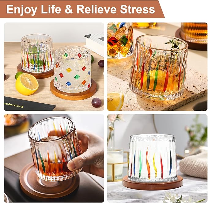 Rotatable Old Fashioned Glass Cup, 275ml/10oz Crystal Whiskey Glass Set of 2, Wood Coaster, Thickening, Used as Rum Glass Cup, Cocktail, Coffee, Milk to Relax and Reduce Stress, Christmas gifts
