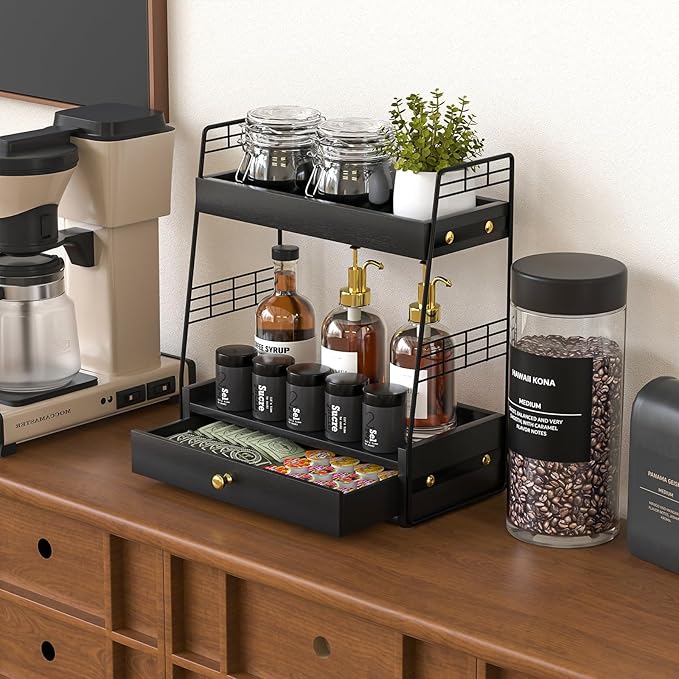 Coffee Bar Station Organizer with Built-In Drawer, 2-Tier Countertop Shelf for Tea Bags, Coffee Accessories, Syrup Bottles (Black)