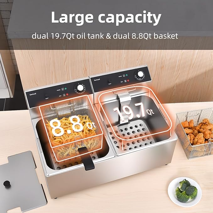 Commercial Deep Fryer with Basket, 3400w Dual 14Qt Oil Tank 0.6mm Thickened Stainless Steel Countertop Electric Fryer for Home and Commercial Use, Oil Fryer with Double Overheat Protection