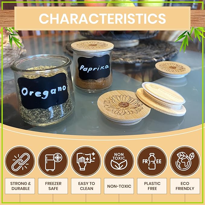 Oui Yogurt Jar Lids – Choose a Design, 4-24 pcs, Silicocne, or Stainless Steel | Airtight Lids That Fit Yoplait Oui Glass Jars | Eco Replacement Tops with Silicone Gasket | Bamboo Aster Flower 4 Pack