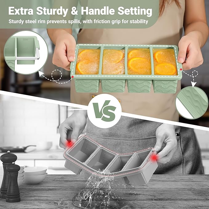 Silicone Freezer Molds for Soup with Lid, 1-Cup & 2-Cup Large Ice Cube Trays Food Storage Containers for Meal Prep, Freeze 500mL/250mL/125mL Portions – 2 Pack