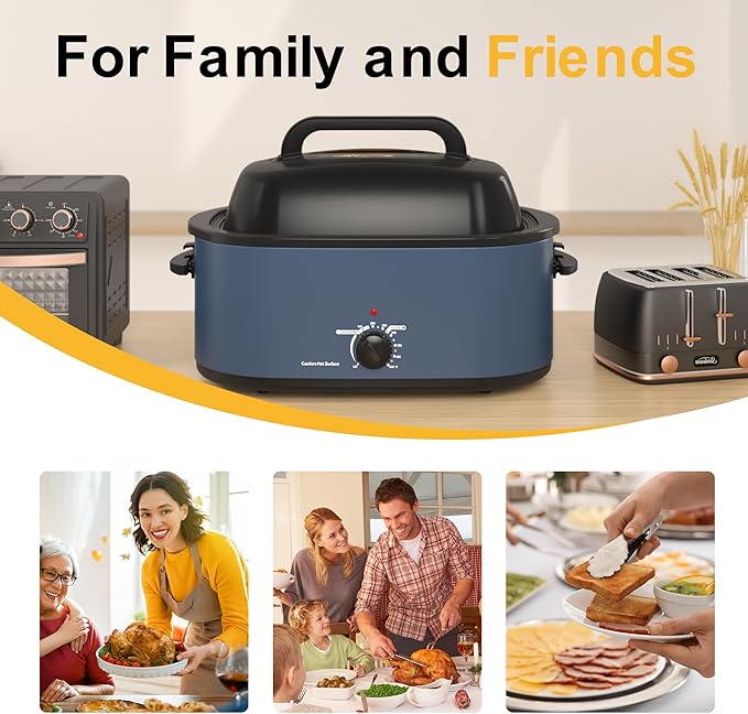 28 Quart Electric Roaster Oven with Visible & Self-Basting Lid, Large Turkey Roaster with Defrost Warm Function, Adjustable Temperature, Removable Pan Rack, Stainless Steel, Blue