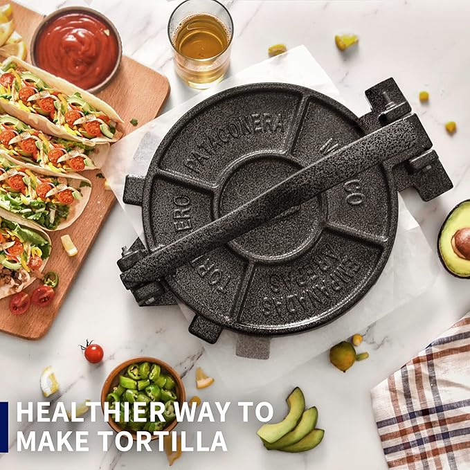 ARC Tortilla Press 10.4" Include 100 Pcs Parchment Paper, Cast Iron Tortilla Maker, Black Gray