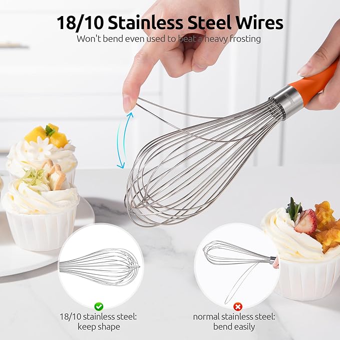 U-Taste Balloon Whisk for Cooking: 18/10 Stainless Steel Kitchen Wire Whisk, 12in Large Heavy Duty Egg Beater, Manual Mixing Tool with 12 High Flex Wires for Stirring, Blending Sauce (Orange)
