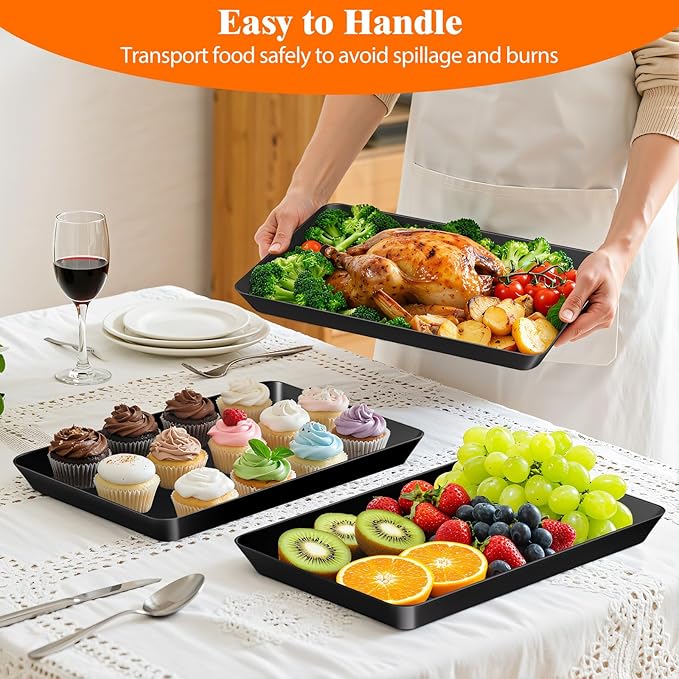 SpaceTrove 6-Pack Serving Tray Set, Reusable Plastic Serving Platter for Party Supplies, Entertaining, Grilling Accessories, Stackable Kitchen Snack Box Container for Dessert, Fruit, Cookie, (Black)
