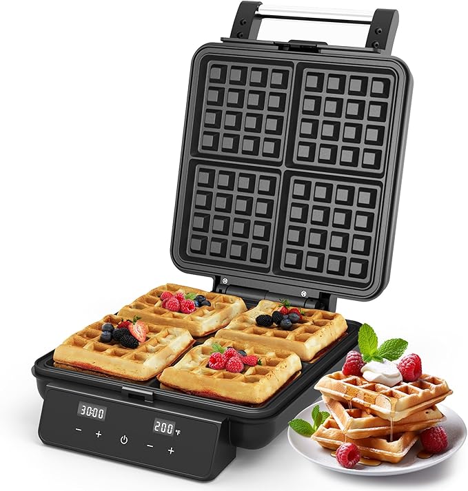 Sunvivi Waffle Maker Machine 4 Slices with Quick Heat-Up, Time & Temperature Control, LCD Display, Nonstick Surface, Perfect Waffle Iron for Kids and Families, Stainless Steel, Silver