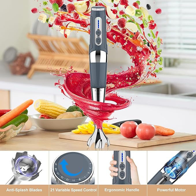 Toogel Cordless Immersion Blender, 4-in-1 Electric Hand Blender with 21-Speed & 3-Angle Adjust, USB Rechargeable, BPA-Free & Dishwasher Safe for Baby Food, Smoothies, Soup (Grey)