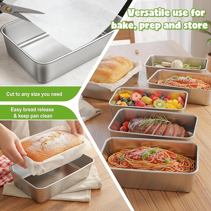 2 Packs 8.8×5.9 Inch Loaf Pans for Baking Bread, 304 Stainless Steel Loaf Bread Pan with Parchment Paper Liners, Metal Bakeware for Bread, Meatloaf, Cake Brownies, Easy Release, Oven & Dishwasher Safe