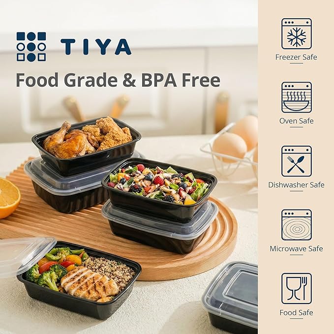 TIYA Meal Prep Containers with Lids, 150 Pack 28 oz Reusable Plastic Food Storage Containers, BPA-Free Lunch Boxes, Microwave/Dishwasher/Freezer Safe, Stackable Portion Control Containers