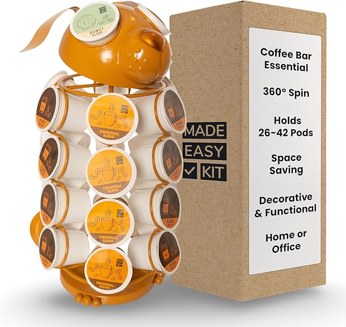 Made Easy Kit Carousel Coffee Pod Holder - Compatible with Keurig K-Pods K-Cups - Countertop 360 Spin Rack Storage Organizer - Revolving Base - Capsule Café Station Bar (Dog Brown, Small)