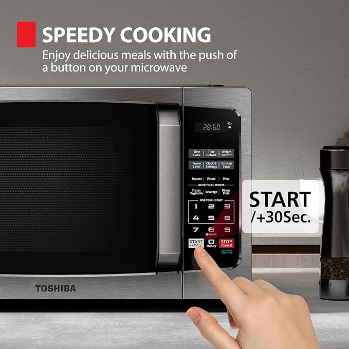 TOSHIBA ML-EM09PA(SS) Small Microwave Oven with 6 Auto Menus, Mute Function & Child Lock, LED Lighting, 0.9 Cu Ft, 10.6 Inch Removable Turntable, 900W, Countertop, Stainless Steel